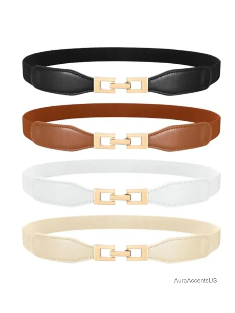 4 Pack Women Skinny Elastic Belts Stretch Waist Belt with Gold Buckle